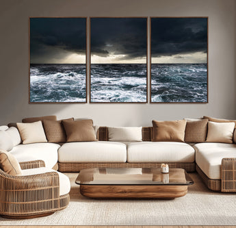 42607-MGV-CV-36X24-Stormy Ocean Wall Art – Dramatic Sea and Sky Canvas Print with Sun Rays, Moody Nature Decor for Living Room, Office, Bedroom or