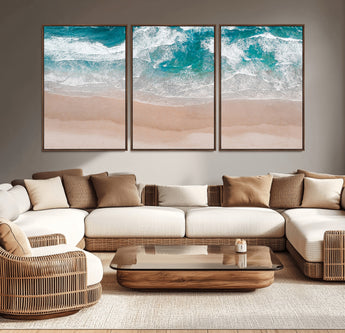 39236-MGV-CV-36X24-Ocean Beach Wall Art – Aerial View of Waves and Sand Canvas Print, Coastal Home Decor for Living Room, Bedroom, Office or Beach