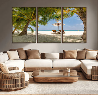 83601-MGV-CV-36X24-Tropical Beach Wall Art – Serene Palm Trees and Lounge Chairs Canvas Print, Relaxing Coastal Decor for Living Room, Bedroom or