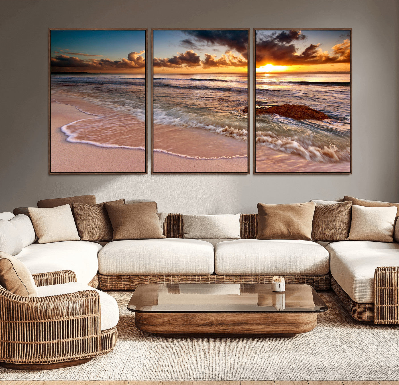 38302-MGV-CV-36X24-Sunset Beach Wall Art – Stunning Ocean Waves and Rock Canvas Print, Warm Coastal Decor for Living Room, Bedroom, Office or Beach