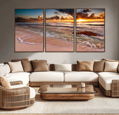 38302-MGV-CV-36X24-Sunset Beach Wall Art – Stunning Ocean Waves and Rock Canvas Print, Warm Coastal Decor for Living Room, Bedroom, Office or Beach