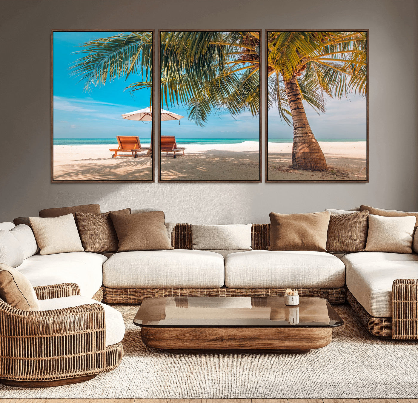 69754-MGV-CV-36X24-Tropical Beach Wall Art – Relaxing Palm Tree and Lounge Chairs Canvas Print, Serene Coastal Decor for Living Room, Bedroom, Office