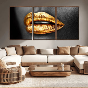 84747-MGV-CV-36X24-Golden Lips Black & White Portrait – Glamorous Metallic Lip Art Print, Modern Wall Decor for Bedroom, Beauty & Fashion Lover Gift