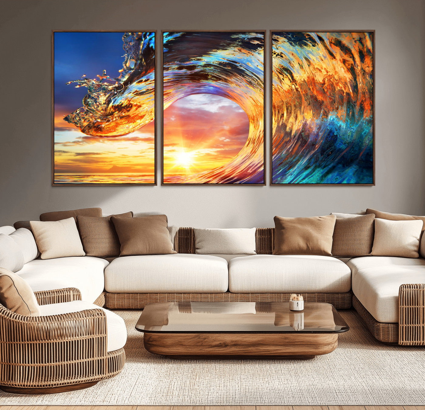 52890-MGV-CV-36X24-Surfing Wave Wall Art Canvas Print, Framed Sunset Ocean Art Picture Print, Ocean Wave Perfect Nautical Decor Artwork