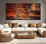 21266-MGV-CV-36X24-Pouring Whiskey into Glasses with Ice – Rustic Wooden Barrel Background, Warm Ambient Lighting, Ideal Decor for Home or Office