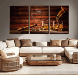 41139-MGV-CV-36X24-Whiskey and Cigar Still Life – Glasses with Ice and Pouring Amber Drink on Wooden Table with Smoke, Elegant Bar or Lounge Wall