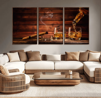 41139-MGV-CV-36X24-Whiskey and Cigar Still Life – Glasses with Ice and Pouring Amber Drink on Wooden Table with Smoke, Elegant Bar or Lounge Wall