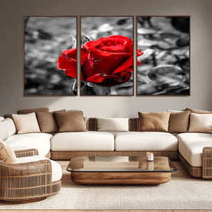 84671-MGV-CV-36X24-Red Rose Wall Art – Vibrant Single Bloom Canvas Print with Black and White Background, Elegant Floral Decor for Living Room,