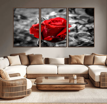 84671-MGV-CV-36X24-Red Rose Wall Art – Vibrant Single Bloom Canvas Print with Black and White Background, Elegant Floral Decor for Living Room,