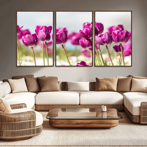 30632-MGV-CV-36X24-Purple Tulip Field Wall Art – Beautiful Spring Flowers Canvas Print with Soft Focus and Bright Sky, Ideal Floral Decor for Home or