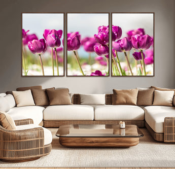 30632-MGV-CV-36X24-Purple Tulip Field Wall Art – Beautiful Spring Flowers Canvas Print with Soft Focus and Bright Sky, Ideal Floral Decor for Home or