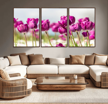 30632-MGV-CV-36X24-Purple Tulip Field Wall Art – Beautiful Spring Flowers Canvas Print with Soft Focus and Bright Sky, Ideal Floral Decor for Home or