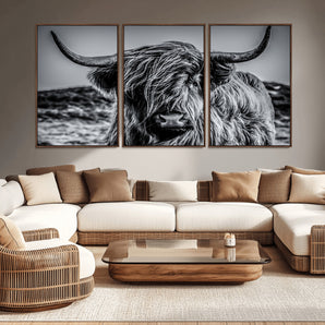 97372-MGV-CV-36X24-Elegant Highland Cow Wall Art – Black and White Canvas Print, Rustic Nature Decor for Home, Office, Living Room or Man Cave