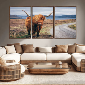 56121-MGV-CV-36X24-Rustic Highland Cow Wall Art – Panoramic Nature Canvas Print, Perfect Decor for Home, Office, Living Room or Man Cave