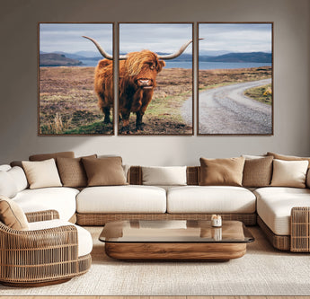 56121-MGV-CV-36X24-Rustic Highland Cow Wall Art – Panoramic Nature Canvas Print, Perfect Decor for Home, Office, Living Room or Man Cave
