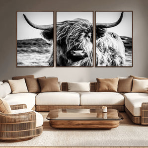 36979-MGV-CV-36X24-Striking black-and-white portrait of a Highland cow with flowing fur and majestic horns, perfect for rustic and elegant home or
