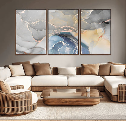 63211-MGV-CV-36X24-Abstract Fluid Art Wall Decor – Blue, Gray & Gold Canvas Print, Modern Home and Office Wall Art Decor for Living Room, Bedroom or