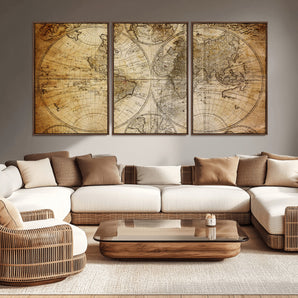 27265-MGV-CV-36X24-Vintage World Map Wall Art – Antique Double Hemisphere Globe Canvas Print, Classic Sepia-Toned Cartography Decor for Living Room,