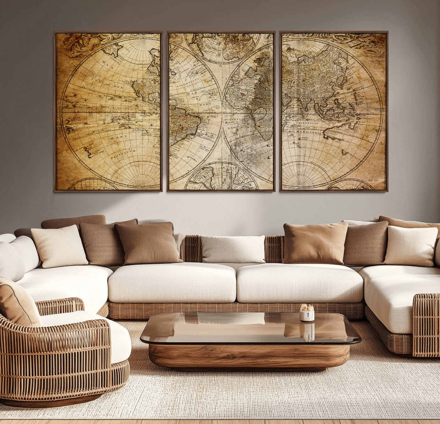 27265-MGV-CV-36X24-Vintage World Map Wall Art – Antique Double Hemisphere Globe Canvas Print, Classic Sepia-Toned Cartography Decor for Living Room,