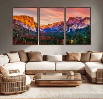 24519-MGV-CV-36X24-Yosemite Valley Sunset Wall Art – Majestic Mountain Landscape with Waterfall and Vibrant Sky, Nature Photography for Home or