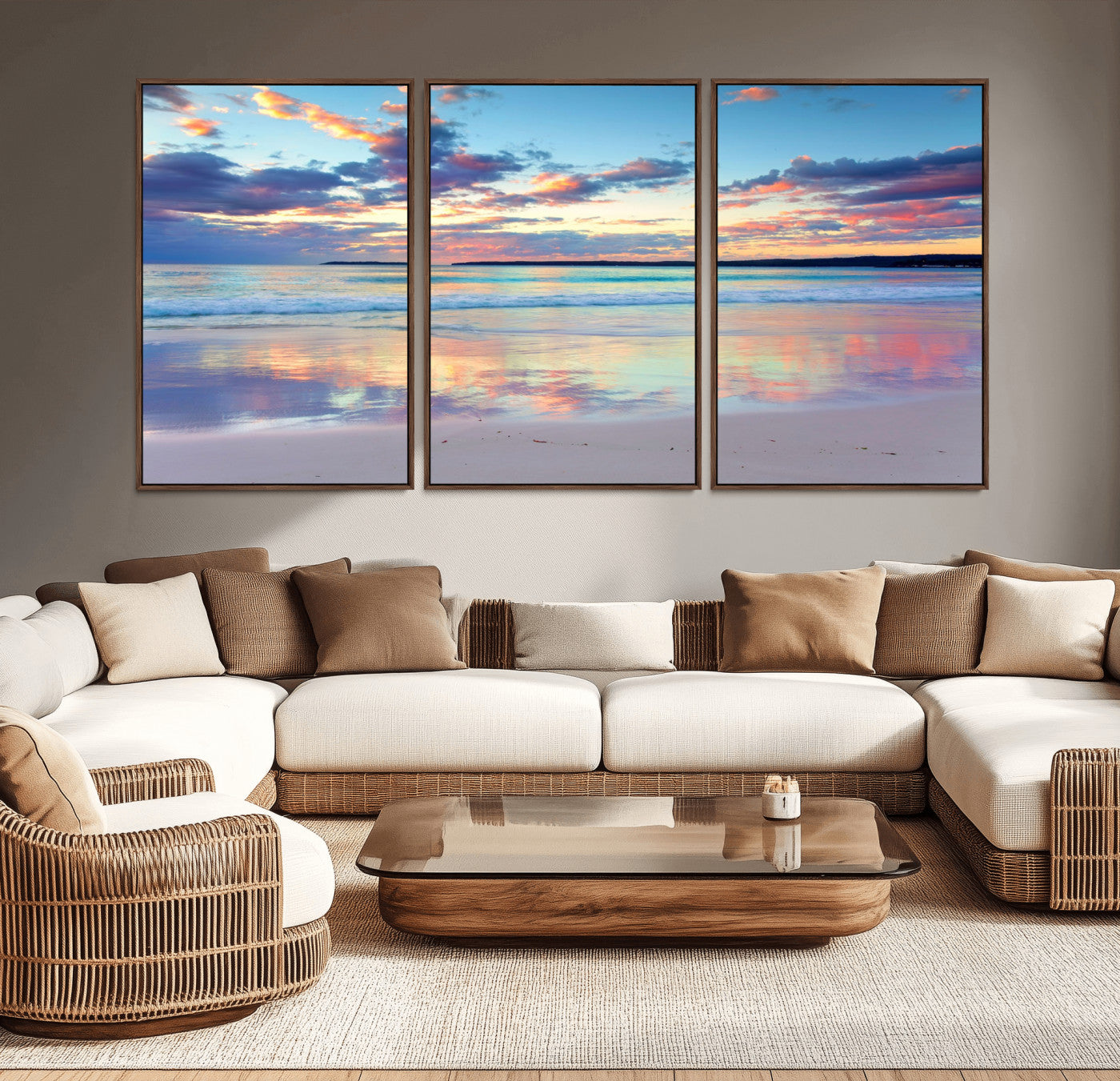 64882-MGV-CV-36X24-Tranquil Sunset Beach Wall Art – Panoramic Ocean Reflection Canvas Print, Calm Coastal Decor for Bedroom, Living Room or Office
