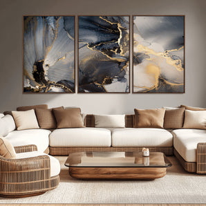 24068-MGV-CV-36X24-Luxury Abstract Wall Art – Gold & Gray Fluid Ink Painting Canvas, Modern Metallic Home Decor, Elegant Office or Living Room Accent