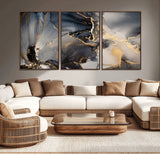 24068-MGV-CV-36X24-Luxury Abstract Wall Art – Gold & Gray Fluid Ink Painting Canvas, Modern Metallic Home Decor, Elegant Office or Living Room Accent