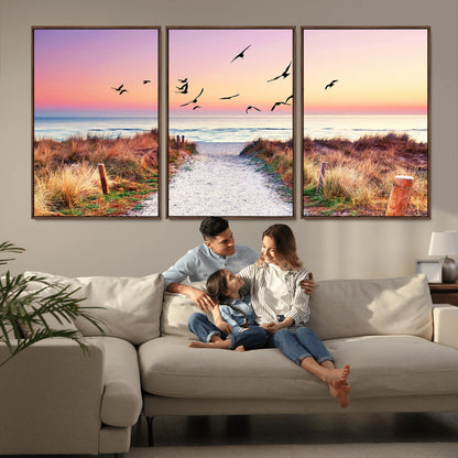 54411-MGV-FC-60X30-3P_Walnut-Beach Path with Birds Wall Art – Coastal Sunset Ocean Canvas Print, Seaside Nature Landscape Photography for Living Room, Bedroom