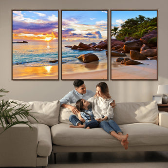 43209-MGV-FC-60X30-3P_Walnut-Tropical Beach Sunset Wall Art – Golden Ocean Waves and Palm Trees with Rocky Shore Canvas Print, Coastal Seascape Decor for