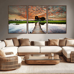 29105-MGV-CV-36X24-Rustic Wooden Bridge Wall Art – Scenic Sunset Over Rice Fields and Reflective Water Canvas Print, Nature Landscape Decor for
