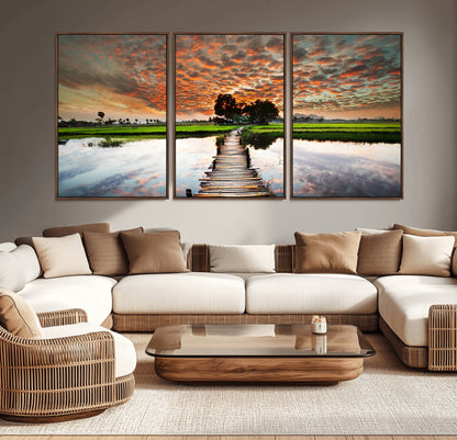 29105-MGV-CV-36X24-Rustic Wooden Bridge Wall Art – Scenic Sunset Over Rice Fields and Reflective Water Canvas Print, Nature Landscape Decor for
