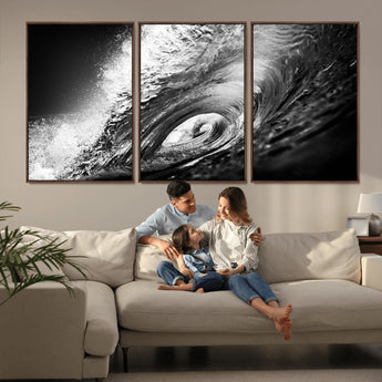 22702-MGV-FC-60X30-3P_Walnut-Black and White Ocean Wave Wall Art – Powerful Surf Curl Photography Canvas Print, Modern Coastal Decor for Living Room, Office or