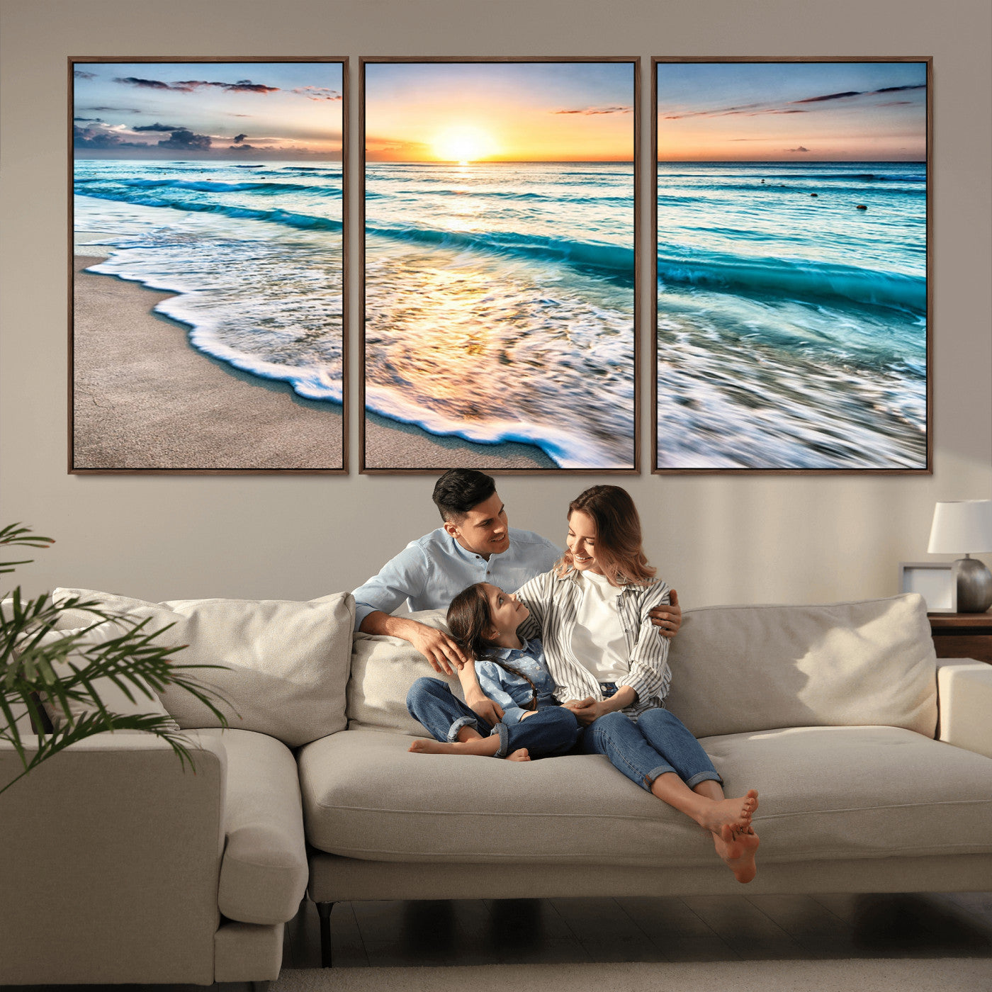 27815-MGV-FC-60X30-3P_Walnut-Ocean Sunrise Beach Wall Art – Serene Coastal Canvas Print with Waves and Golden Morning Light, Relaxing Seascape Decor for