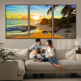 26181-MGV-FC-60X30-3P_Walnut-Golden Tropical Sunset Beach Wall Art – Ocean Canvas Print with Palm Trees and Rocks, Coastal Paradise Decor for Living Room or