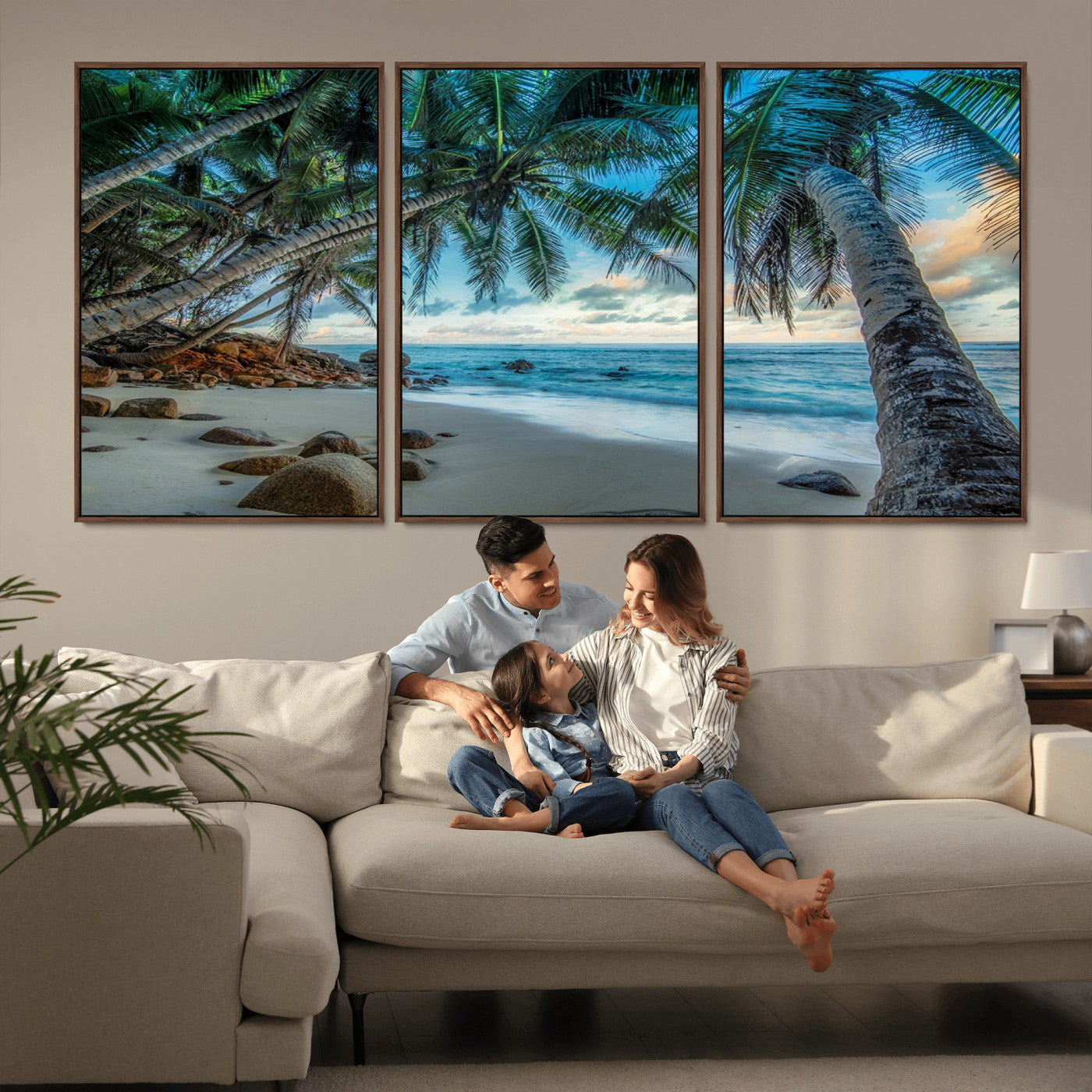 39679-MGV-FC-60X30-3P_Walnut-Tropical Palm Beach Wall Art – Serene Ocean Canvas Print with Palm Trees and Rocks, Coastal Paradise Decor for Living Room or