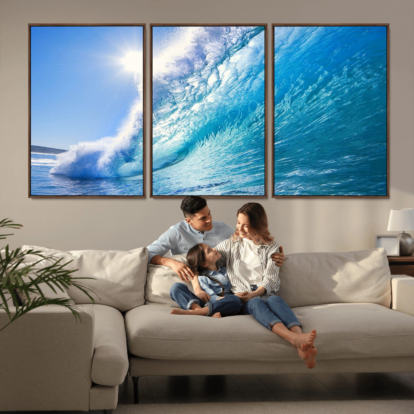 37494-MGV-FC-60X30-3P_Walnut-Ocean Wave Canvas Art – Stunning Blue Wave Photography, Coastal Wall Decor for Living Room, Bedroom or Office