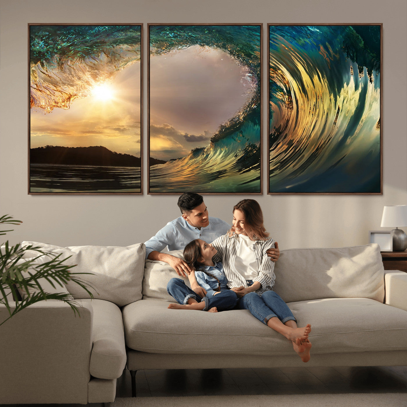 38256-MGV-FC-60X30-3P_Walnut-Ocean Wave Wall Art – Stunning Sunrise Through Curling Wave Canvas Print, Coastal Surf Photography Seascape Decor for Living Room,