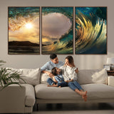 38256-MGV-FC-60X30-3P_Walnut-Ocean Wave Wall Art – Stunning Sunrise Through Curling Wave Canvas Print, Coastal Surf Photography Seascape Decor for Living Room,