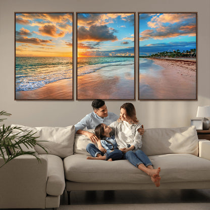 41572-MGV-FC-60X30-3P_Walnut-Sunset Beach Wall Art – Ocean Waves and Palm Trees Canvas Print, Tropical Coastal Sunset Seascape Decor for Living Room, Bedroom