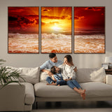 60211-MGV-FC-60X30-3P_Walnut-Fiery Sunset Ocean Wall Art – Red Sky Seascape Canvas Print with Waves, Bold Coastal Sunset Decor for Living Room or Bedroom