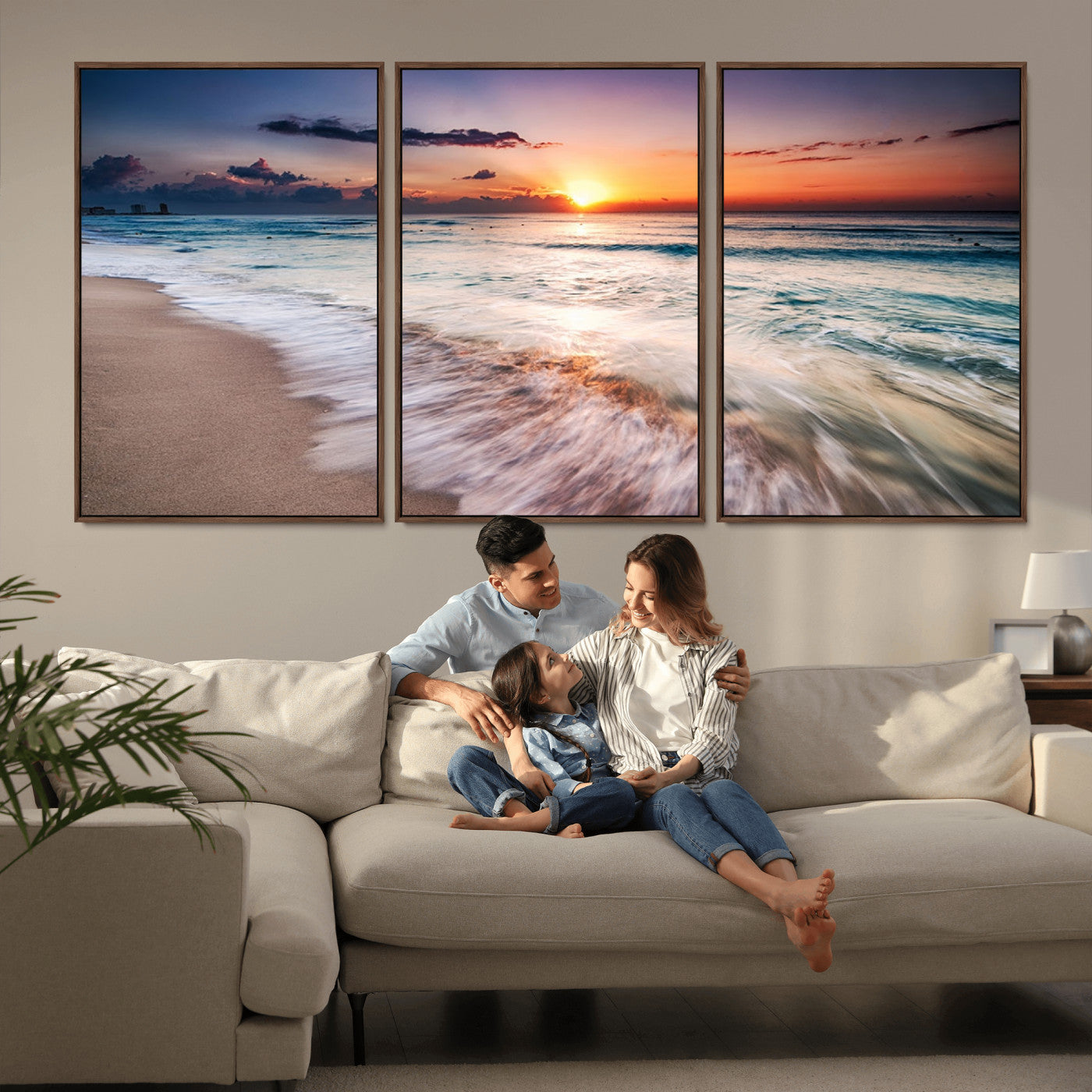 99906-MGV-FC-60X30-3P_Walnut-Morning Tide Canvas Print – Soft Sunrise Ocean Waves Wall Art, Coastal Serenity Decor for Home & Office