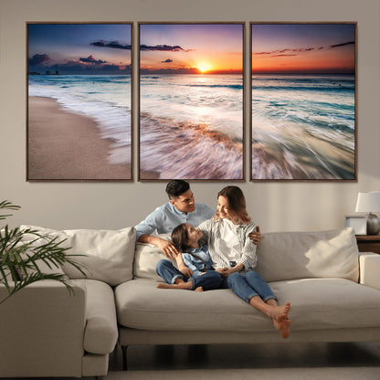 99906-MGV-FC-60X30-3P_Walnut-Morning Tide Canvas Print – Soft Sunrise Ocean Waves Wall Art, Coastal Serenity Decor for Home & Office
