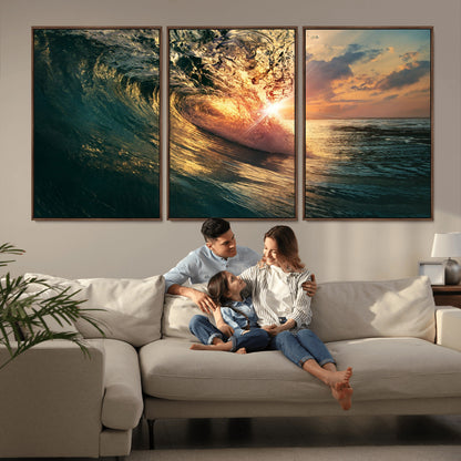 55359-MGV-FC-60X30-3P_Walnut-Radiant Ocean Wave Wall Art – Panoramic Surf Canvas Print, Vibrant Sunset Beach Decor for Home, Office or Man Cave