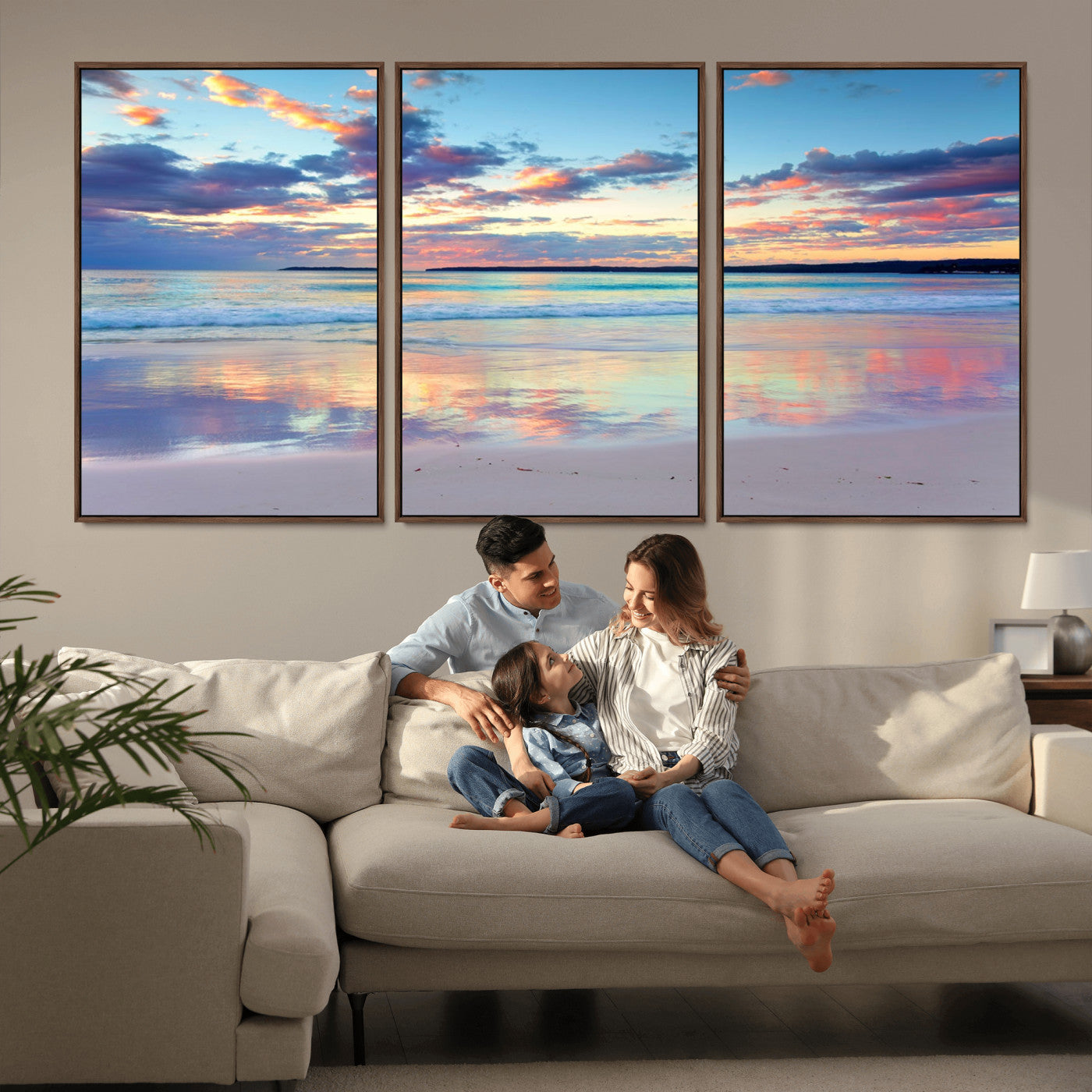 56723-MGV-FC-60X30-3P_Walnut-Serene Sunset Beach Wall Art – Panoramic Coastal Canvas Print, Peaceful Ocean Reflection Decor for Living Room, Bedroom or Office