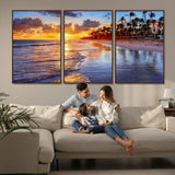 19917-MGV-FC-60X30-3P_Walnut-Tropical Sunset Beach Wall Art – Panoramic Palm Trees and Ocean Canvas Print, Vibrant Coastal Decor for Living Room, Office or Man