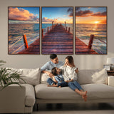 28836-MGV-FC-60X30-3P_Walnut-Ocean Pier Sunset Wall Art – Wooden Dock and Golden Horizon Canvas Print, Coastal Seascape Photography for Living Room, Bedroom,