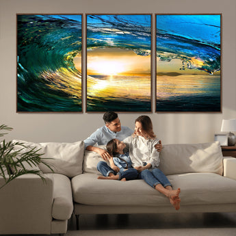 19378-MGV-FC-60X30-3P_Walnut-Ocean Wave Sunset Wall Art – Vibrant Surf and Golden Horizon Canvas Print, Coastal Seascape Photography for Living Room, Bedroom,