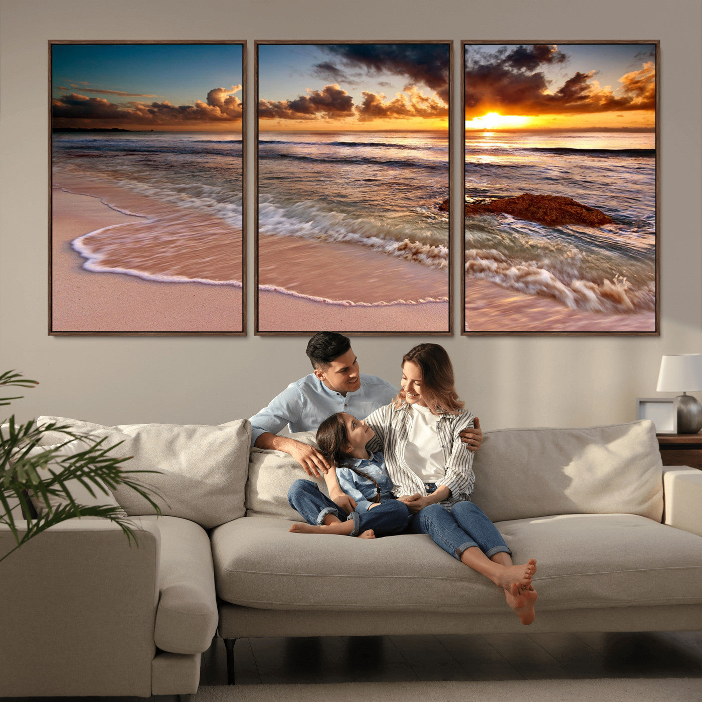 80979-MGV-FC-60X30-3P_Walnut-Golden Sunrise Beach Wall Art – Ocean Waves and Sandy Shore Canvas Print, Coastal Sunset Photography Artwork for Living Room,