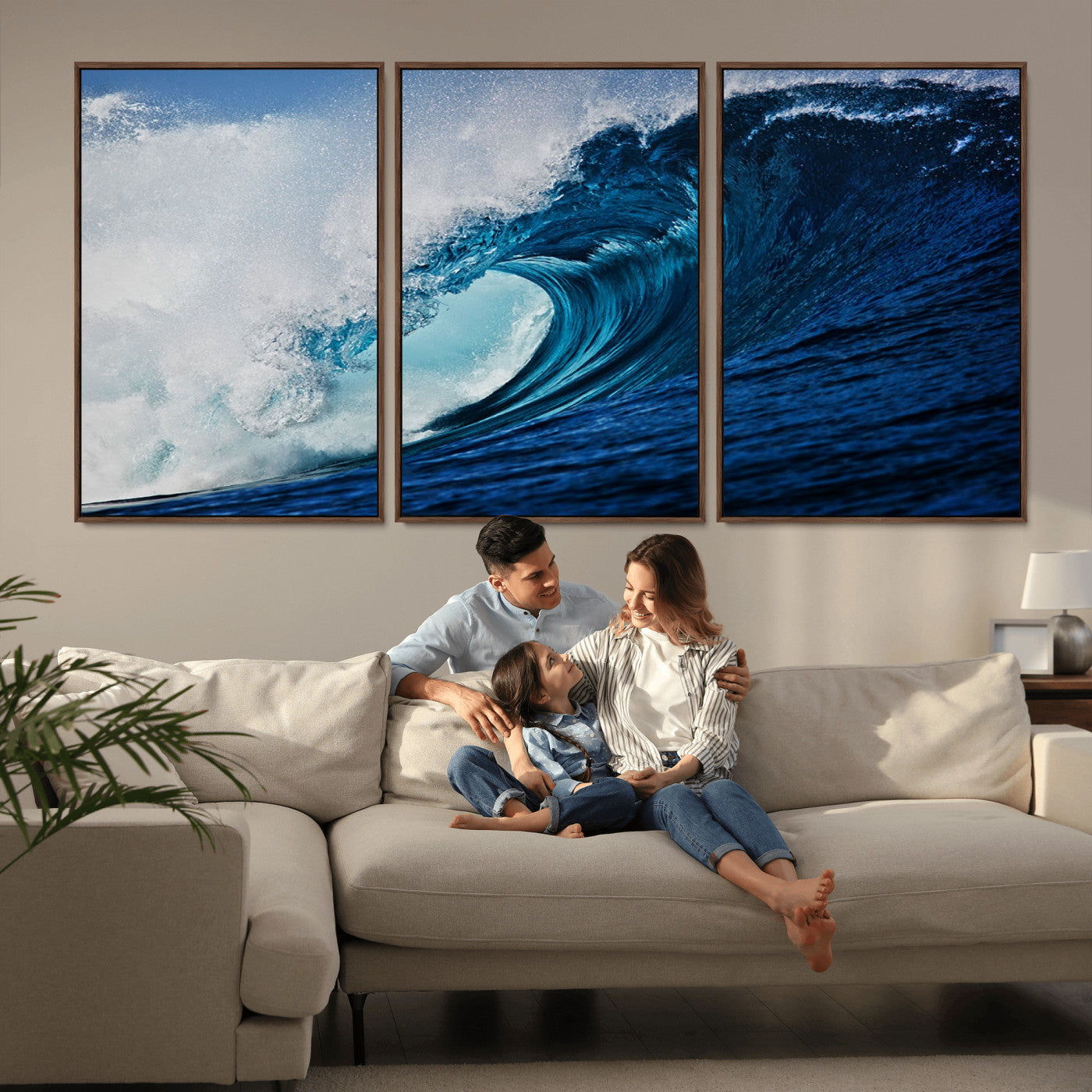 89502-MGV-FC-60X30-3P_Walnut-Powerful Ocean Wave Wall Art – Panoramic Blue Sea Wave Canvas Print, Coastal Surf Photography Artwork for Living Room, Bedroom, or
