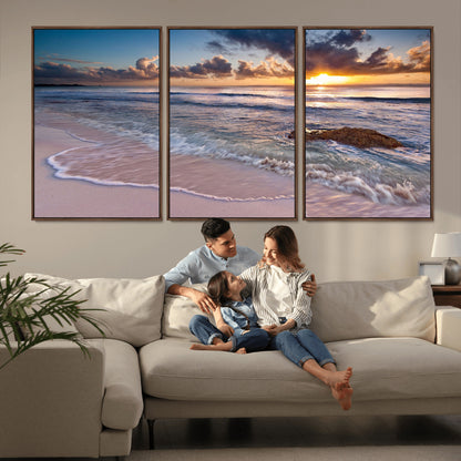 94906-MGV-FC-60X30-3P_Walnut-Sunrise Beach Wall Art – Panoramic Ocean Waves Canvas Print, Coastal Sunset Seascape Artwork for Living Room, Bedroom, or Office
